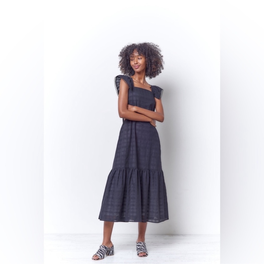 Corey Lynn Calter Black Square-Neck Ruffle Midi Dress